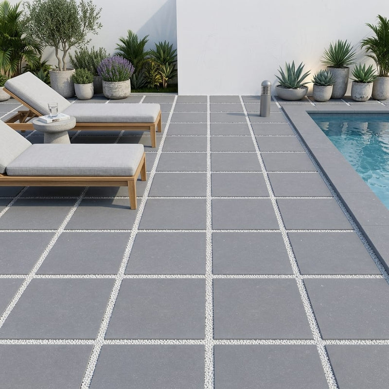 Bluestone Light Grey Porcelain Rough & Straight Edge 24 x 24 x 3/4 Paver 24x24 — Backyard pool deck