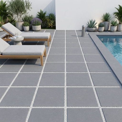 Bluestone Light Grey Porcelain Rough & Straight Edge 24 x 24 x 3/4 Paver 24x24 — Backyard pool deck