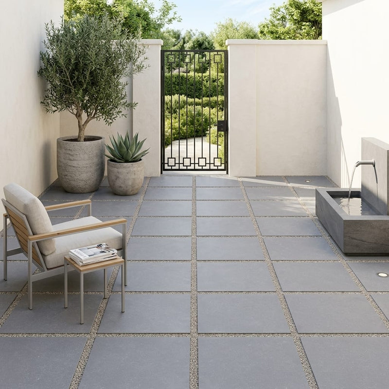 Bluestone Light Grey Porcelain Rough & Straight Edge 24 x 24 x 3/4 Paver 24x24 — Courtyard paving