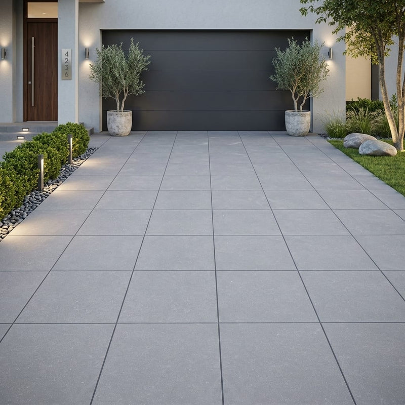 Bluestone Light Grey Porcelain Rough & Straight Edge 24 x 24 x 3/4 Paver 24x24 — Front Yard driveway