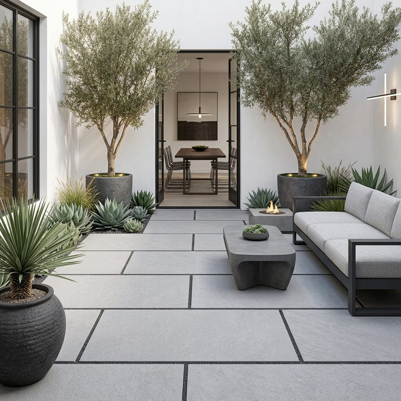 Bluestone Light Grey Porcelain Rough & Straight Edge 24 x 48 x 3/4 Paver 24x48 — Courtyard paving