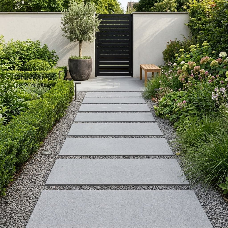 Bluestone Light Grey Porcelain Rough & Straight Edge 24 x 48 x 3/4 Paver 24x48 — Garden path