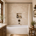 Bologna Chiaro 3x6 Tumbled Travertine Subway Tile — Bathroom tub surround