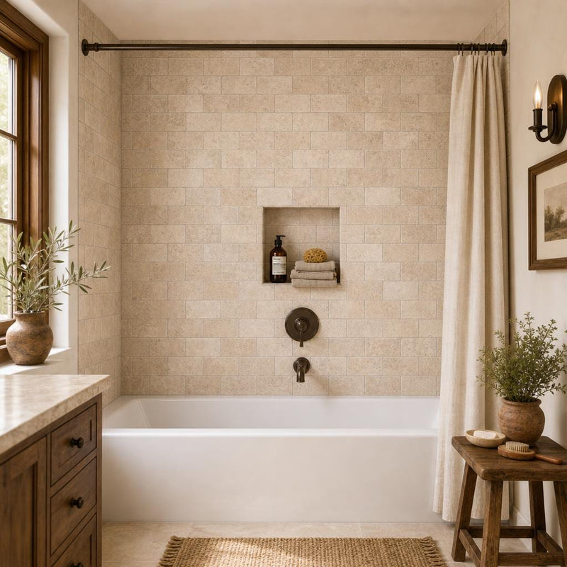 Bologna Chiaro 3x6 Tumbled Travertine Subway Tile — Bathroom tub surround