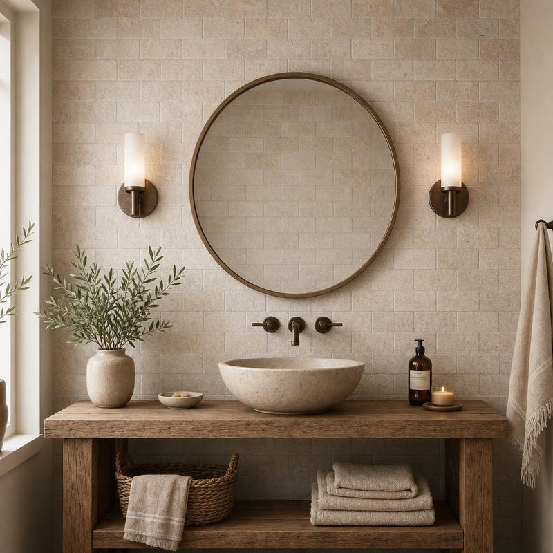 Bologna Chiaro 3x6 Tumbled Travertine Subway Tile — Bathroom wall