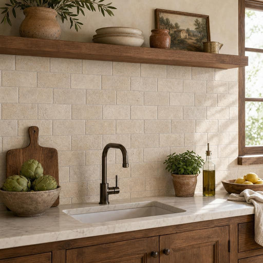 Bologna Chiaro 3x6 Tumbled Travertine Subway Tile — Kitchen backsplash