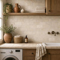 Bologna Chiaro 3x6 Tumbled Travertine Subway Tile — Laundry Room backsplash