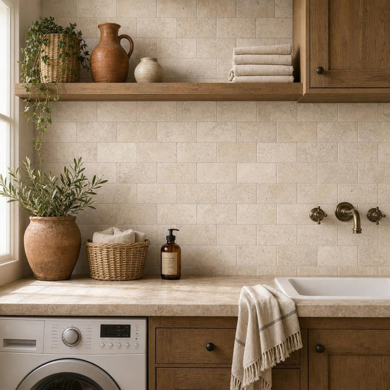 Bologna Chiaro 3x6 Tumbled Travertine Subway Tile — Laundry Room backsplash
