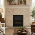 Bologna Chiaro 3x6 Tumbled Travertine Subway Tile — Living Room fireplace surround