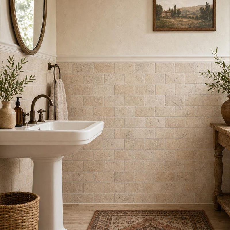Bologna Chiaro 3x6 Tumbled Travertine Subway Tile — Powder Room wainscot