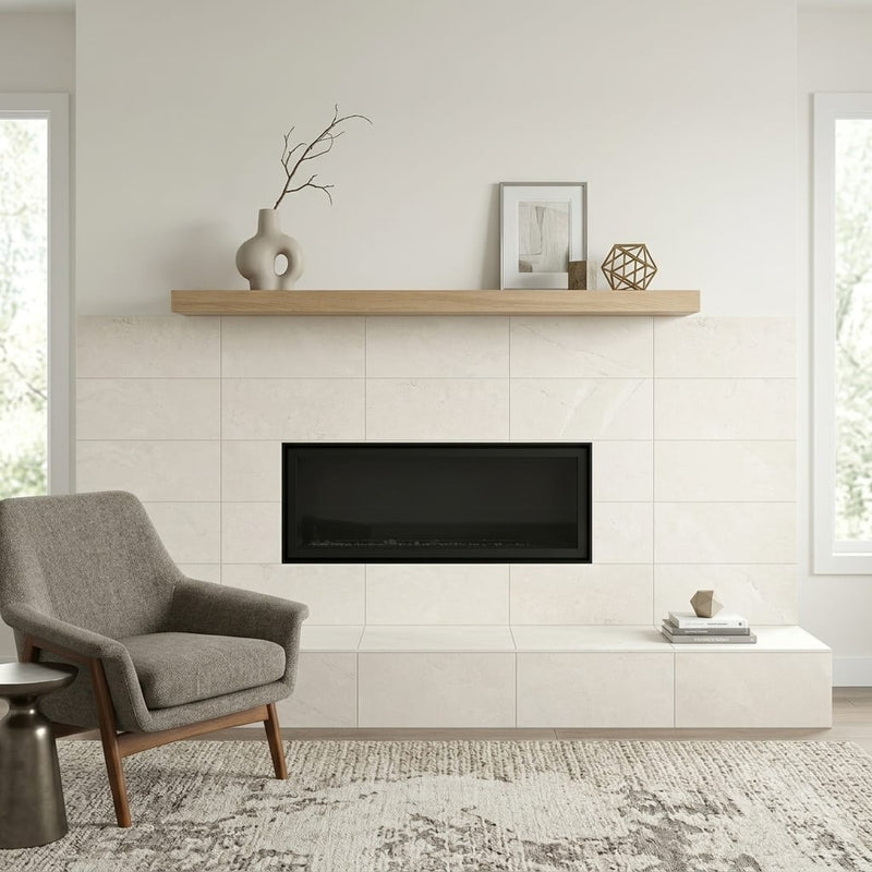 Borgo Luce 12x24 Porcelain Tile — Living Room fireplace surround