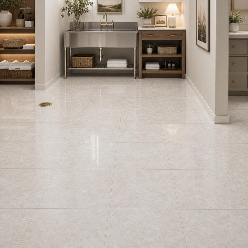 Botticino Fiorito 12x12 Veined Marble Tile — Basement floor
