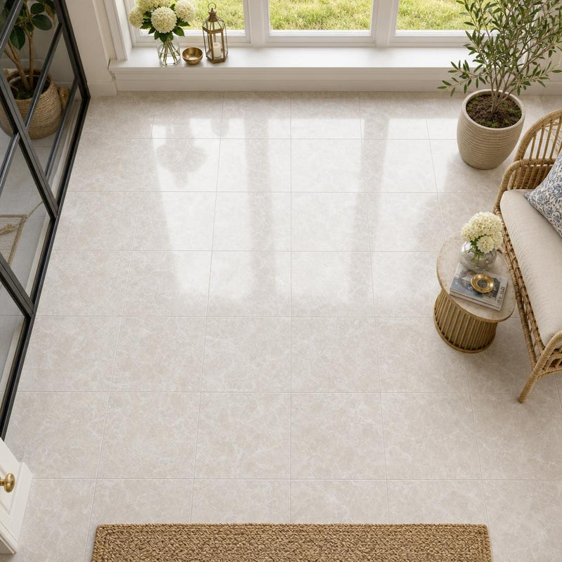 Botticino Fiorito 12x12 Veined Marble Tile — Sunroom floor