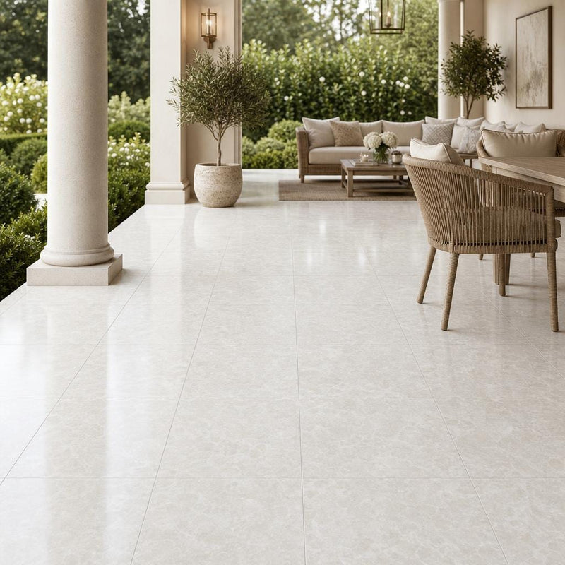 Botticino Fiorito 18x18 Polished Veined Marble Tile — Covered Patio floor