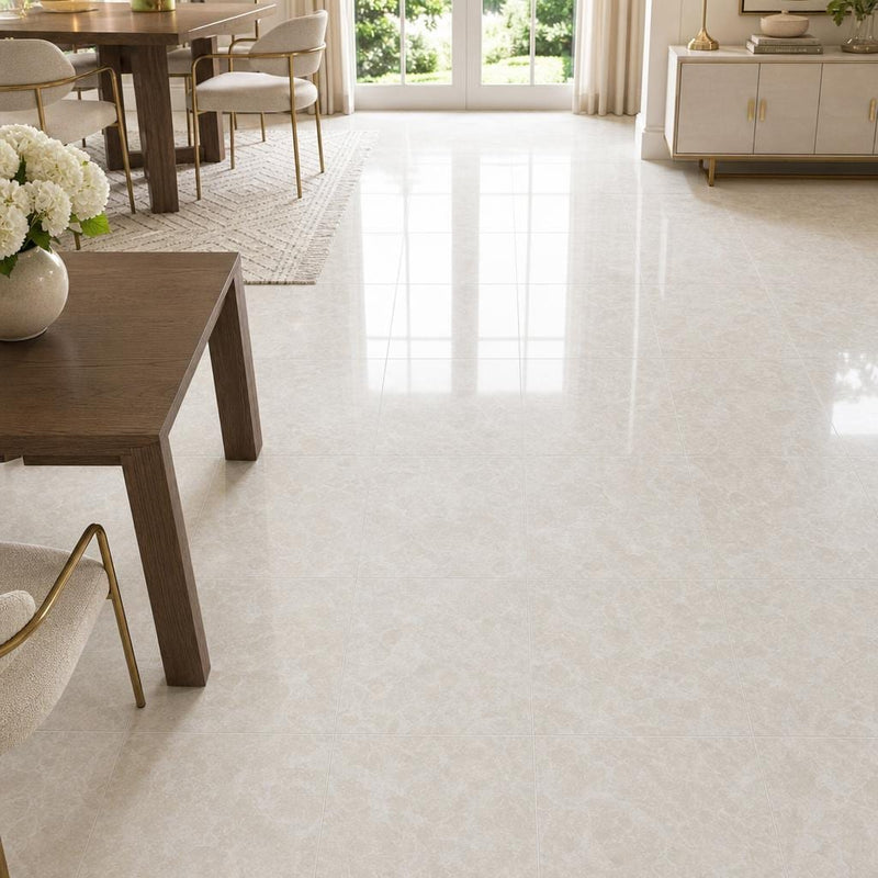 Botticino Fiorito 18x18 Polished Veined Marble Tile — Dining Room floor