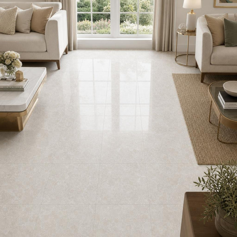 Botticino Fiorito 18x18 Polished Veined Marble Tile — Family Room floor