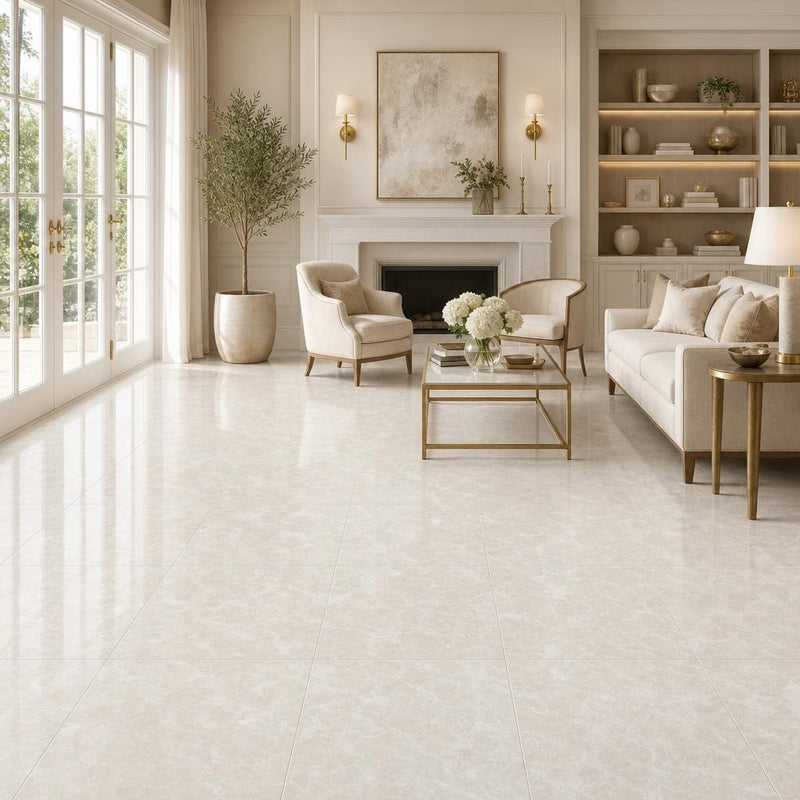 Botticino Fiorito 18x18 Polished Veined Marble Tile — Living Room floor