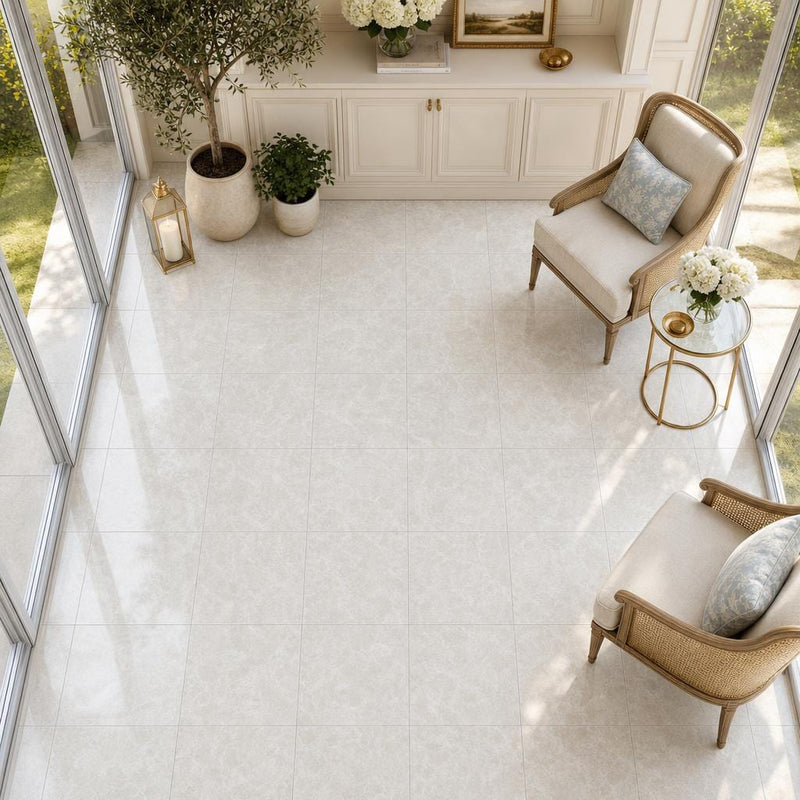 Botticino Fiorito 18x18 Polished Veined Marble Tile — Sunroom floor