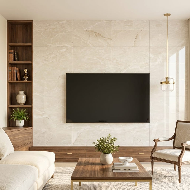 Botticino Marble Tile 12x24 Polished — Living Room feature wall