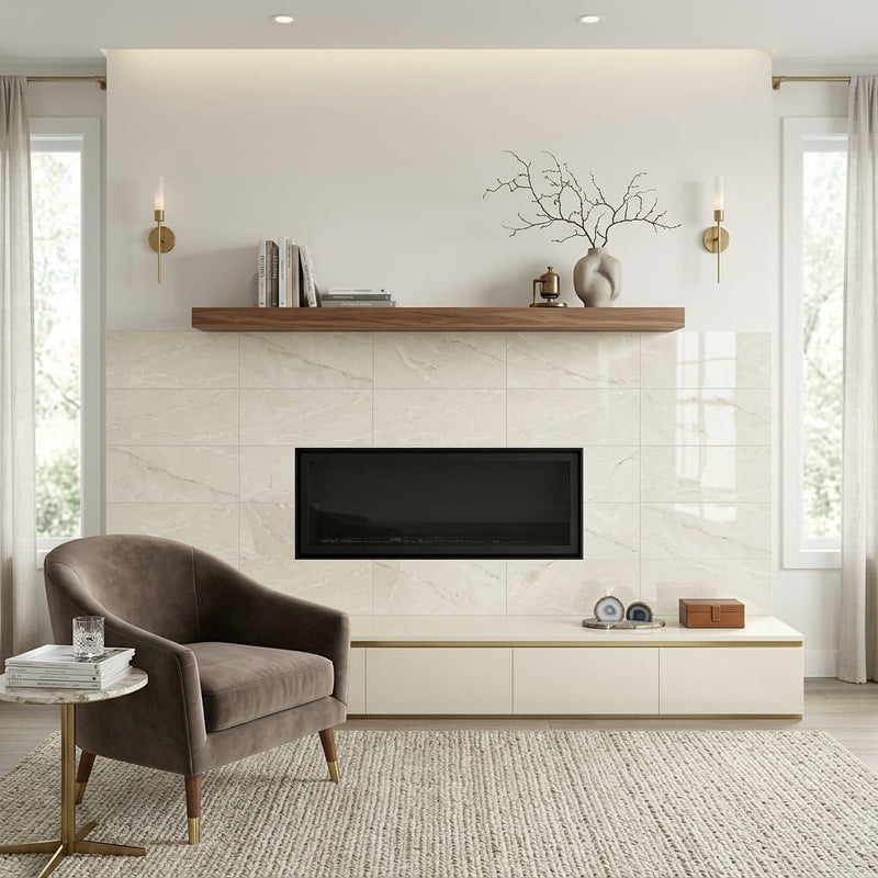 Botticino Marble Tile 12x24 Polished — Living Room fireplace surround