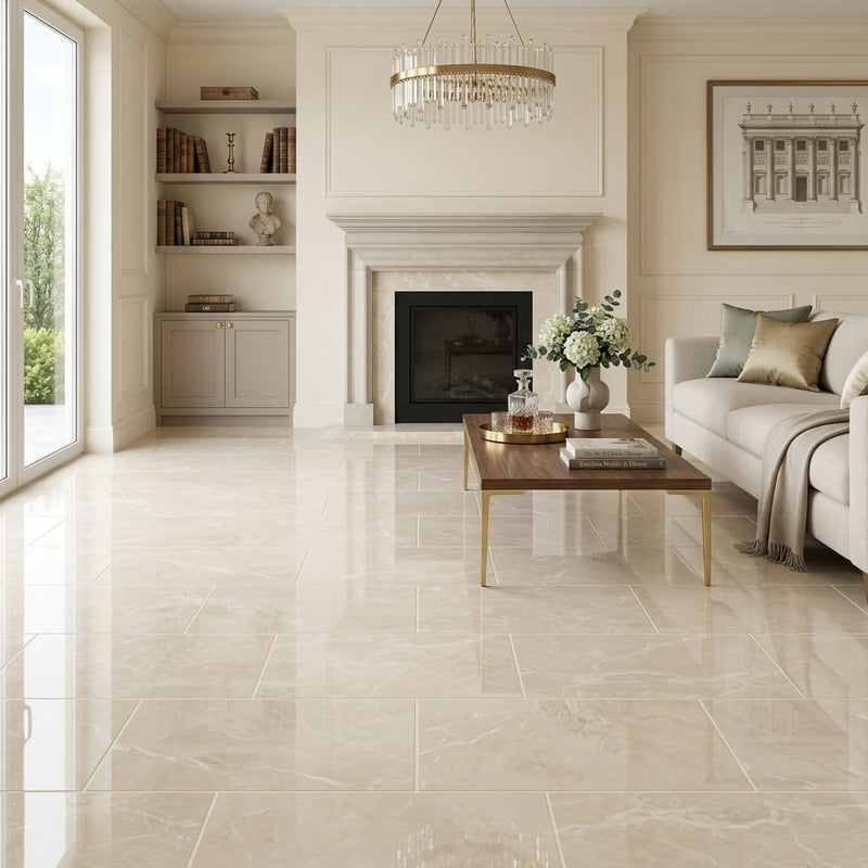 Botticino Marble Tile 12x24 Polished — Living Room floor