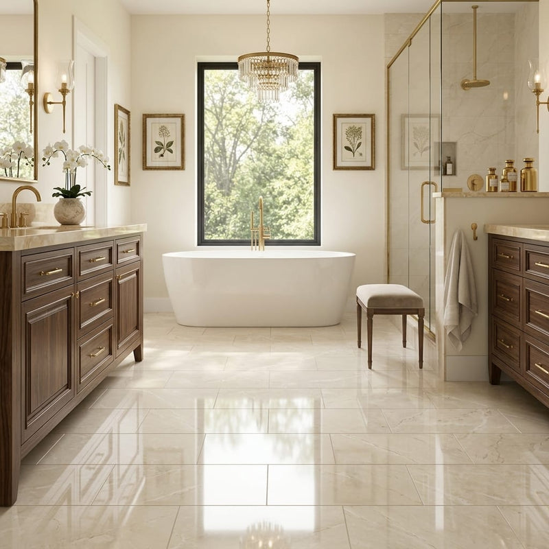 Botticino Marble Tile 12x24 Polished — Primary Bath floor