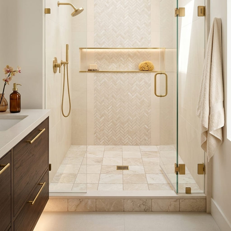 Botticino Marble Tile 4x4 Tumbled — Bathroom shower floor