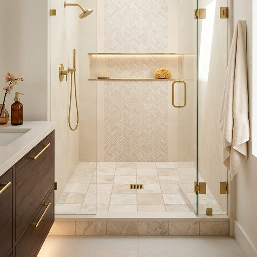 Botticino Marble Tile 4x4 Tumbled — Bathroom shower floor
