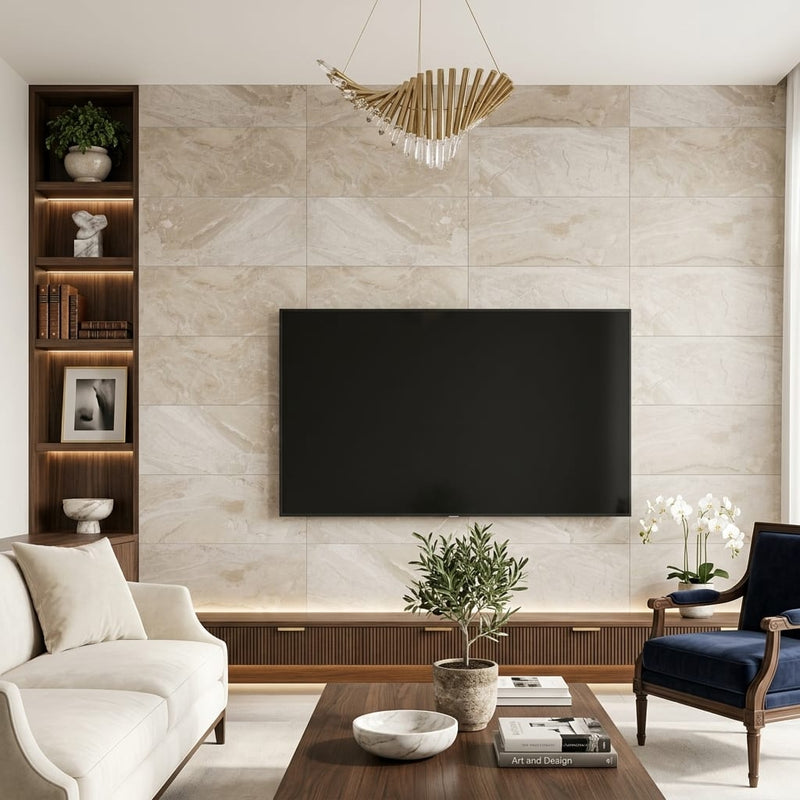 Breccia Bianco Marble Tile 12x24 Honed — Living Room feature wall
