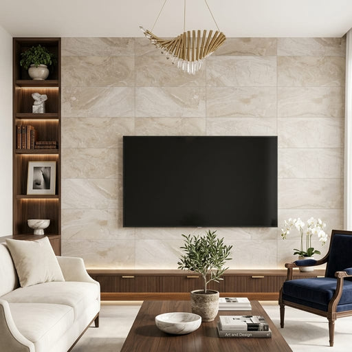 Breccia Bianco Marble Tile 12x24 Honed — Living Room feature wall