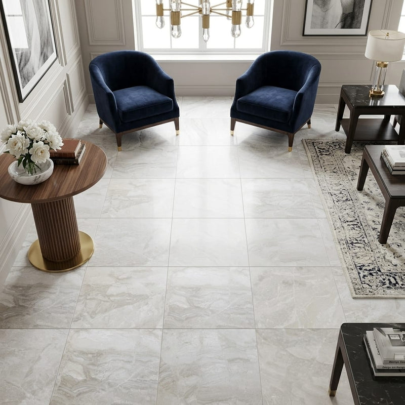 Breccia Bianco Marble Tile 18x18 Honed — Family Room floor