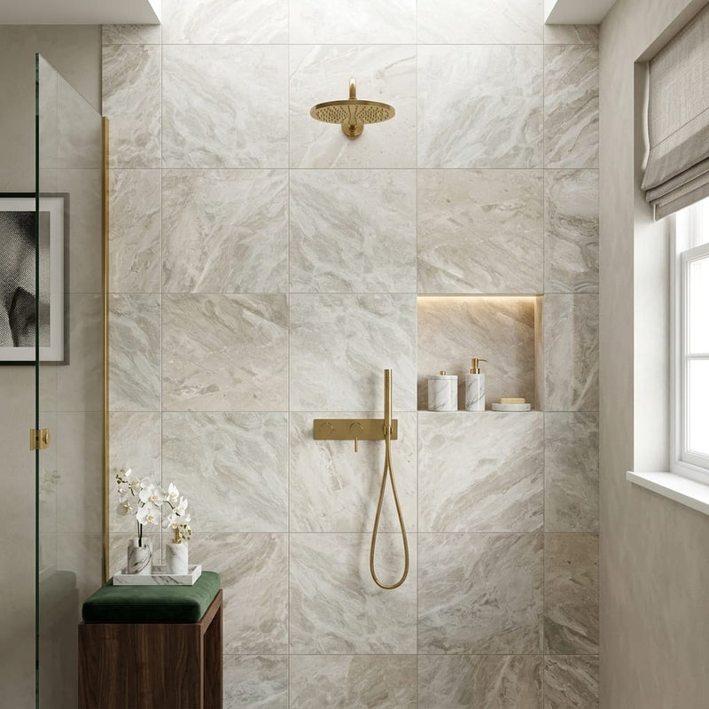 Breccia Bianco Marble Tile 24x24 Honed — Bathroom shower wall