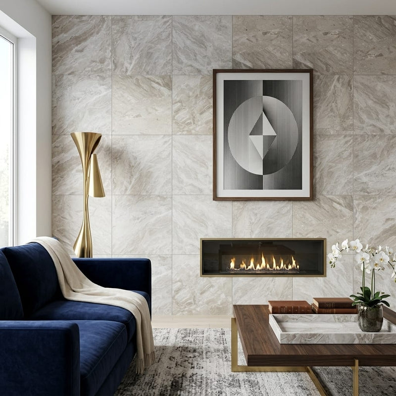 Breccia Bianco Marble Tile 24x24 Honed — Living Room feature wall