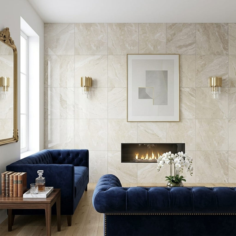 Breccia Bianco Marble Tile 24x24 Polished — Living Room feature wall