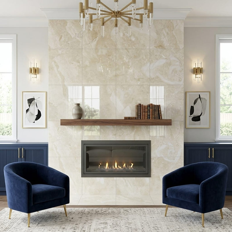 Breccia Bianco Marble Tile 24x24 Polished — Living Room fireplace surround