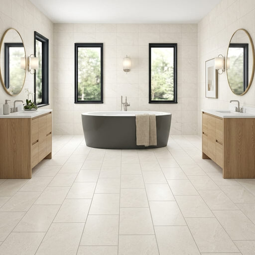 Breccia Cream 12x24 Porcelain Tile — Bathroom floor