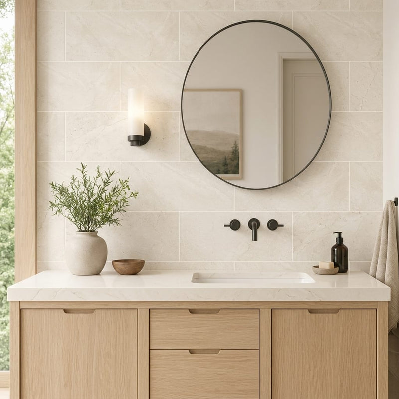 Breccia Cream 12x24 Porcelain Tile — Bathroom vanity wall