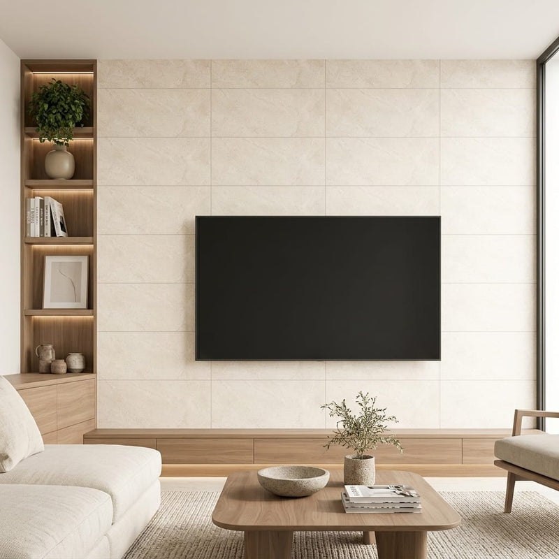 Breccia Cream 12x24 Porcelain Tile — Living Room feature wall