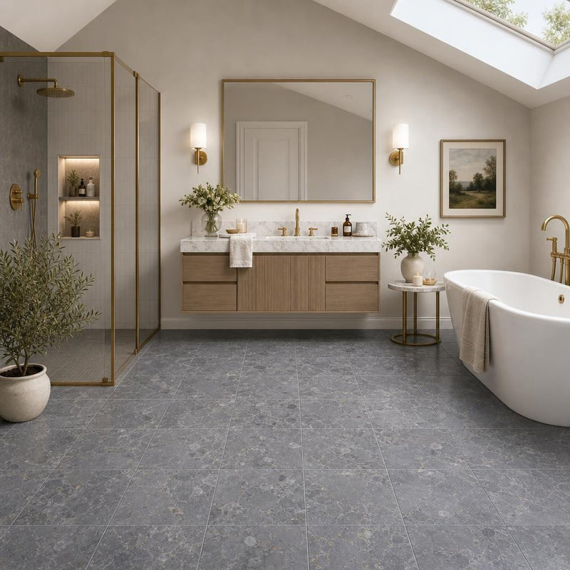 Breccia Grigio 12x12 Honed Veined Marble Tile — Bathroom floor