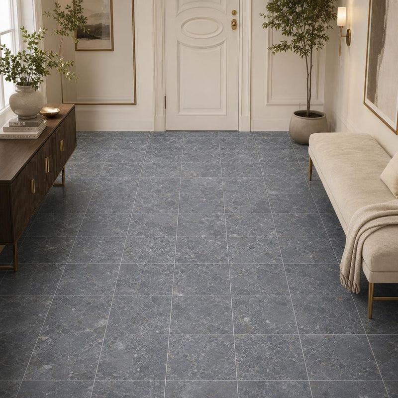 Breccia Grigio 12x12 Honed Veined Marble Tile — Hallway floor