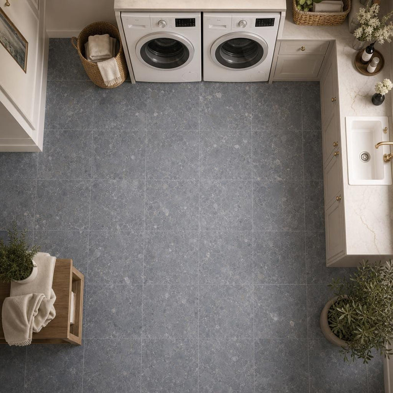 Breccia Grigio 12x12 Honed Veined Marble Tile — Laundry Room floor