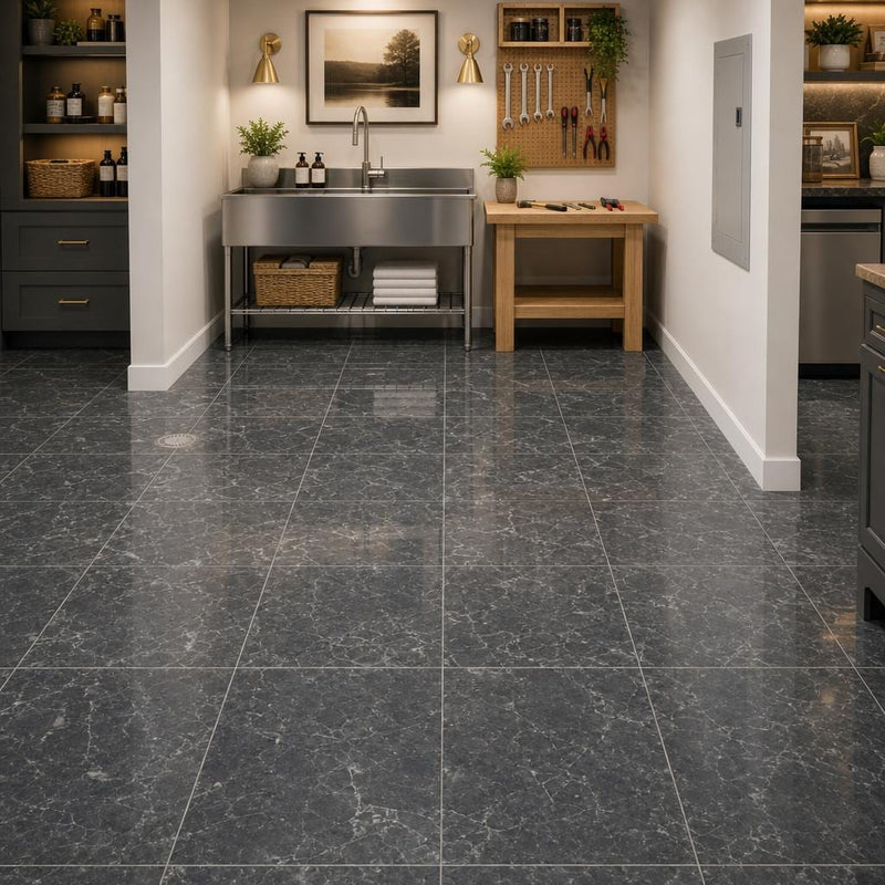 Breccia Grigio 12x12 Polished Veined Marble Tile — Basement floor