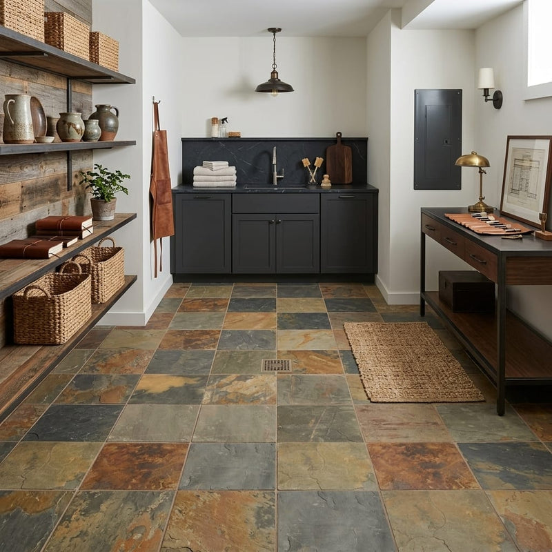 Butterscotch 12x12 Gauged Sandstone Tile — Basement floor