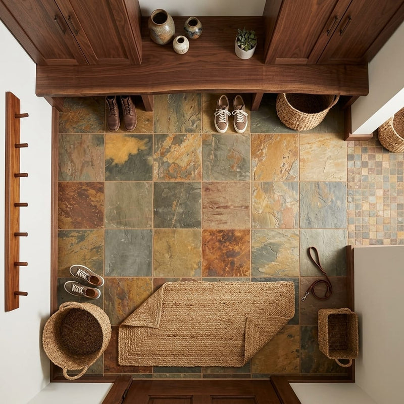 Butterscotch 12x12 Gauged Sandstone Tile — Mudroom floor
