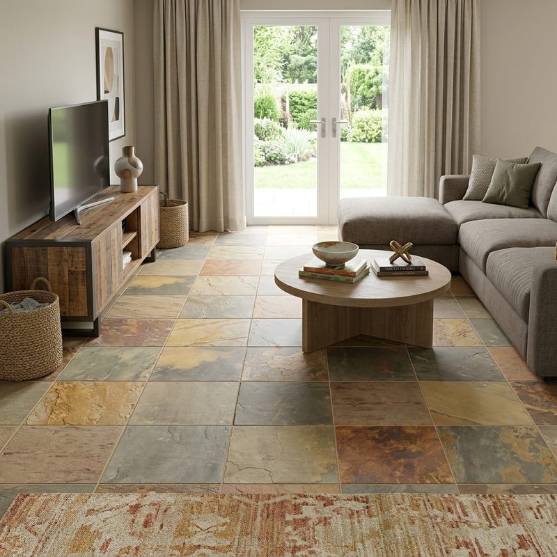 Butterscotch 16x16 Gauged Sandstone Tile — Family Room floor
