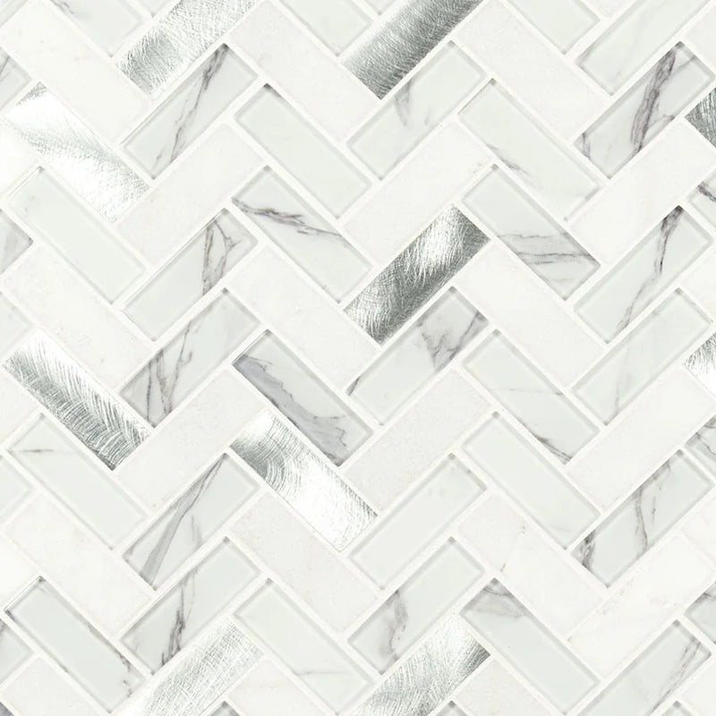 Bytle Bianco Herringbone 1x3 Pattern 0.24 Inch Glass Mosaic Tile