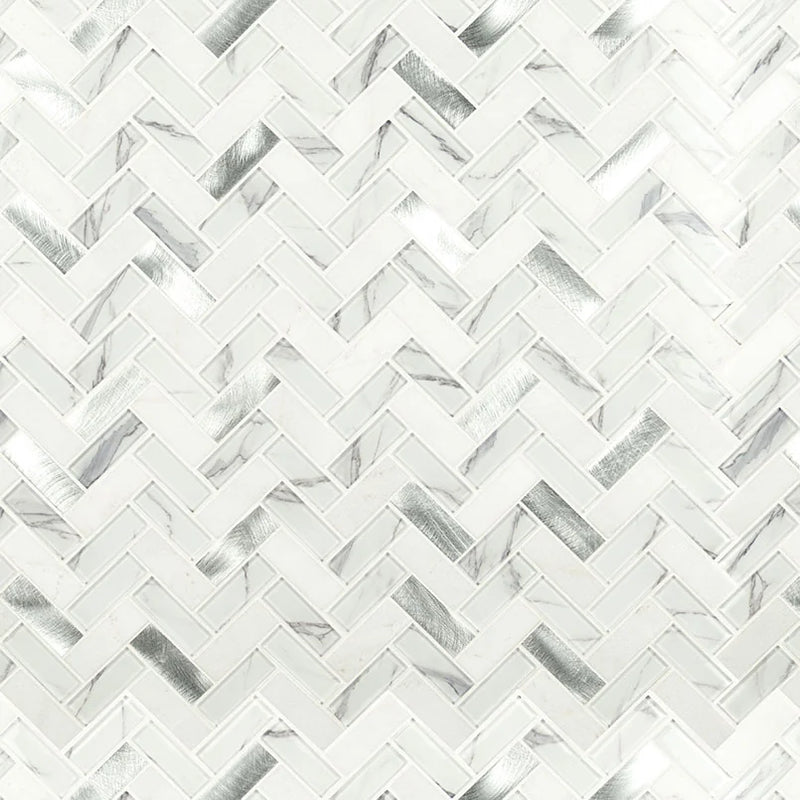 Bytle Bianco Herringbone 1x3 Pattern 0.24 Inch Glass Mosaic Tile