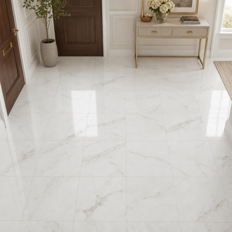 Calacata Gold 12x12 Honed Veined Marble Tile — Foyer floor