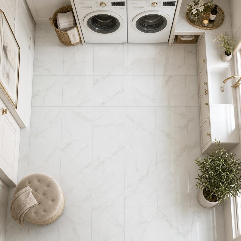 Calacata Gold 12x12 Honed Veined Marble Tile — Laundry Room floor