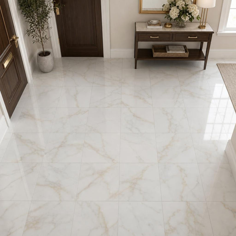 Calacata Gold 12x12 Polished Veined Marble Tile — Foyer floor